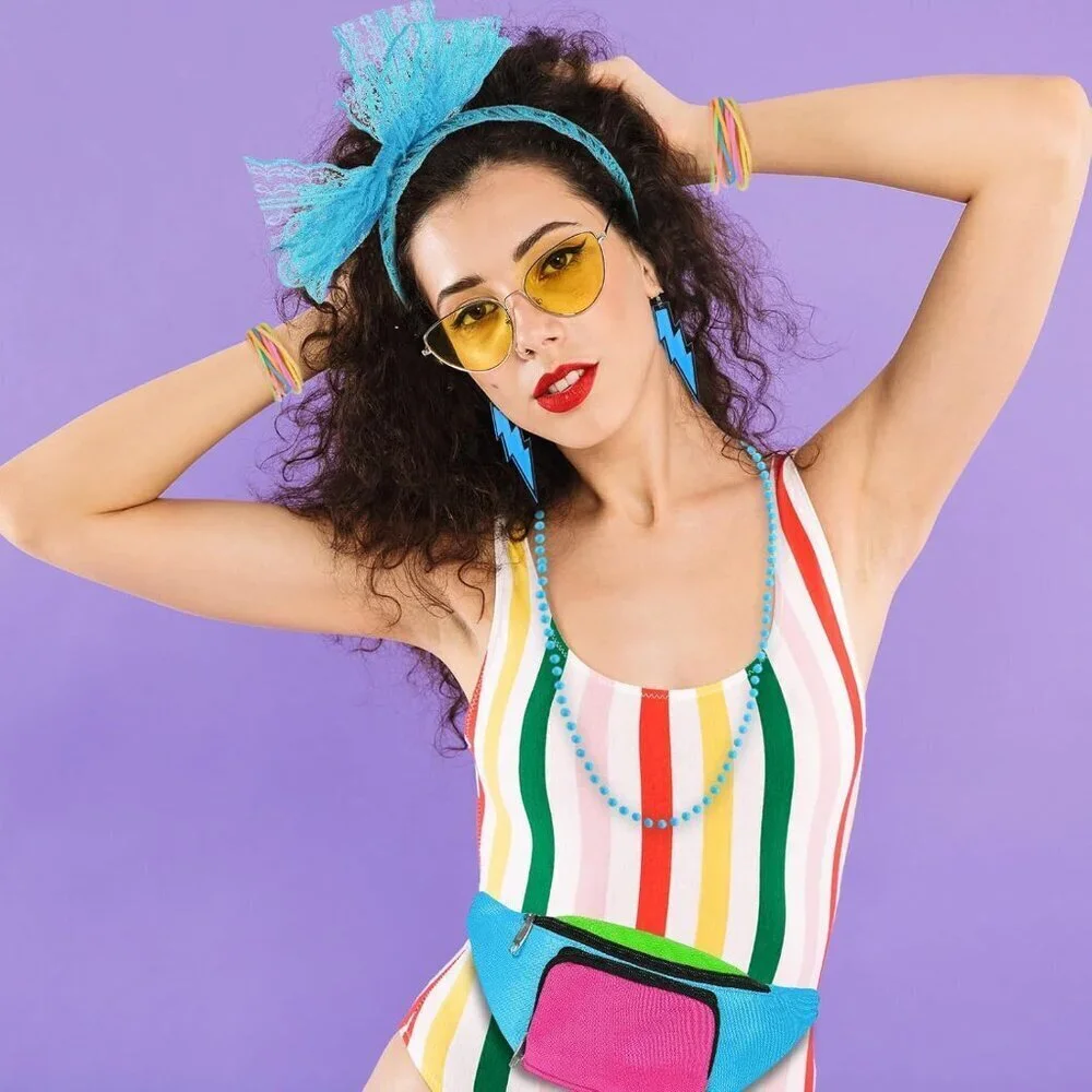 80s Costume Accessories Set Neon Fishnet Gloves Fanny Pack Earrings